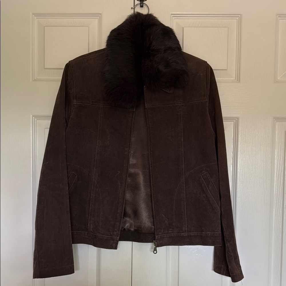Brown Suede Leather Jacket with Removable Fur Collar